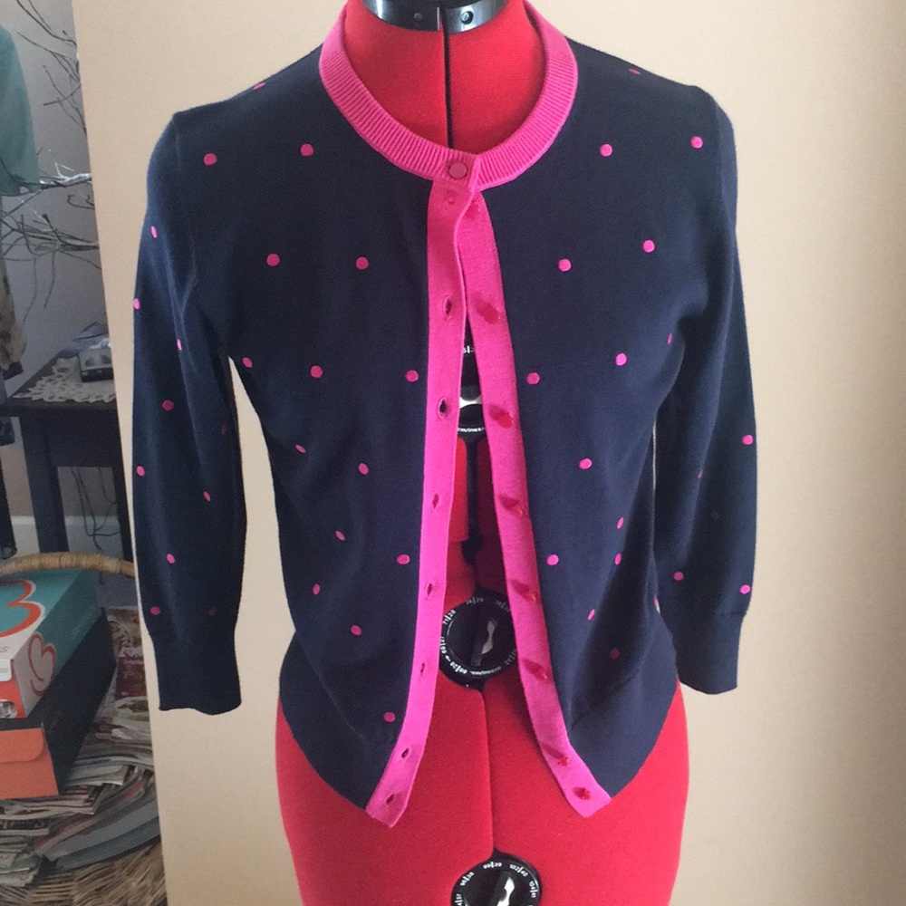 Crown and Ivy navy sweater with pink polka dots.